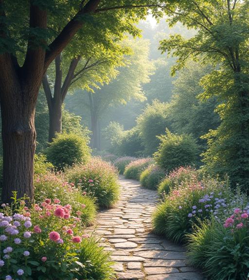 A charming, winding stone path through a lush garden filled with colorful perennials.