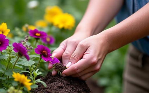 A gardener carefully planting vibrant, native perennial flowers.